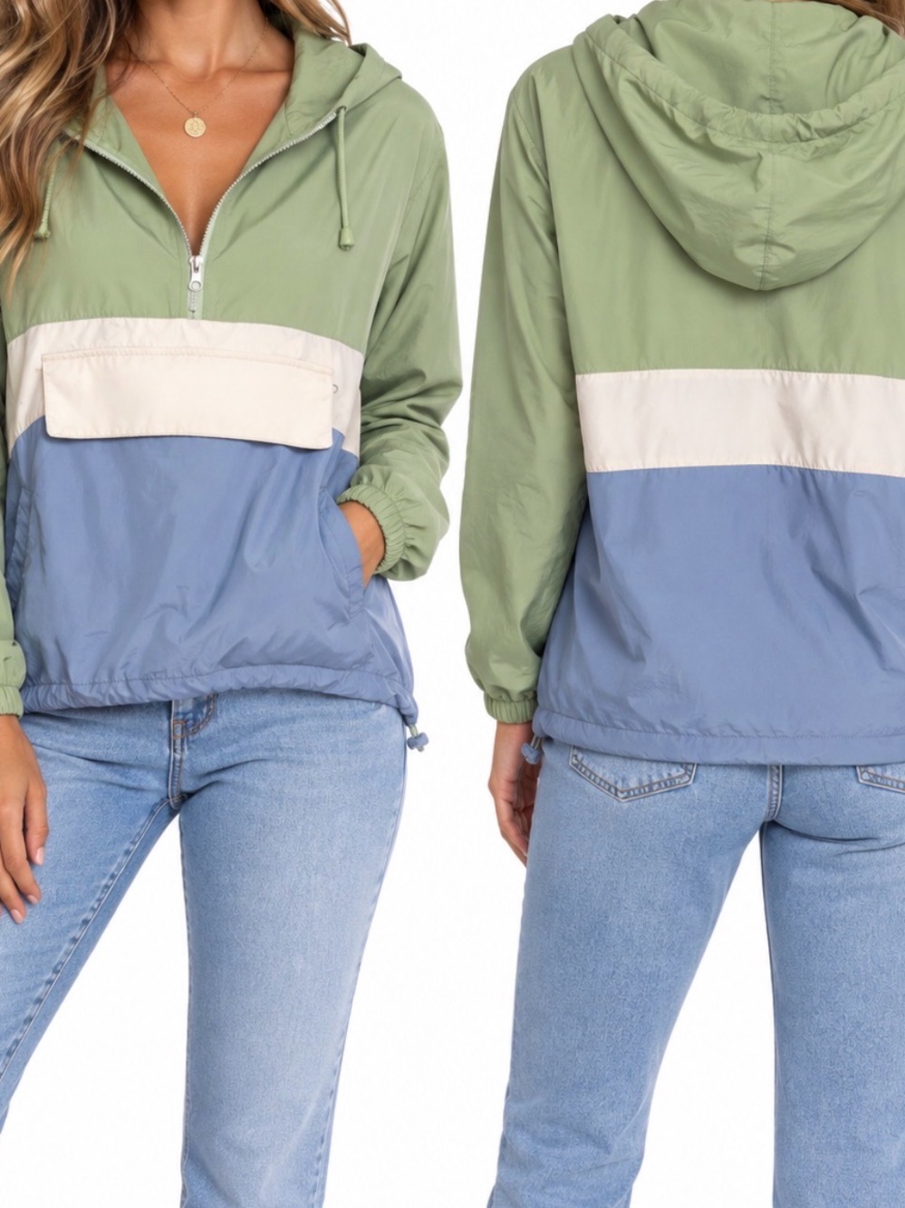 Thread & Supply Sage Green, Dusty Blue & Cream Colorblock Pullover Hoodie